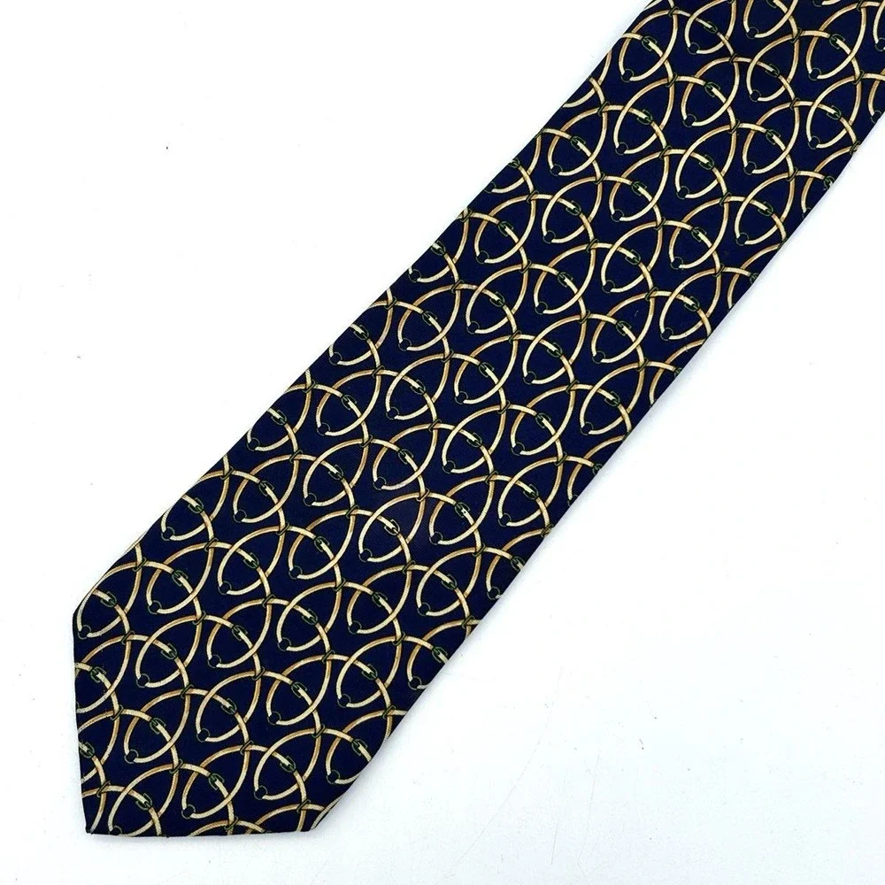 Burberrys' Men's Silk Tie Navy Blue Vintage 90s Equestrian Bit Harness England